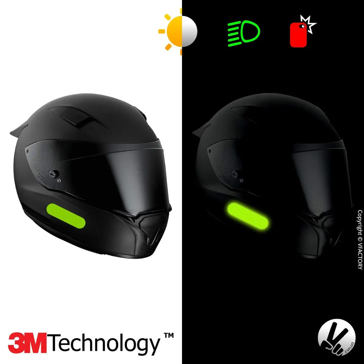 VFLUO Retro Reflective Green Stripes Helmet Stickers Kit | High Visibility 3M Technology - view 3