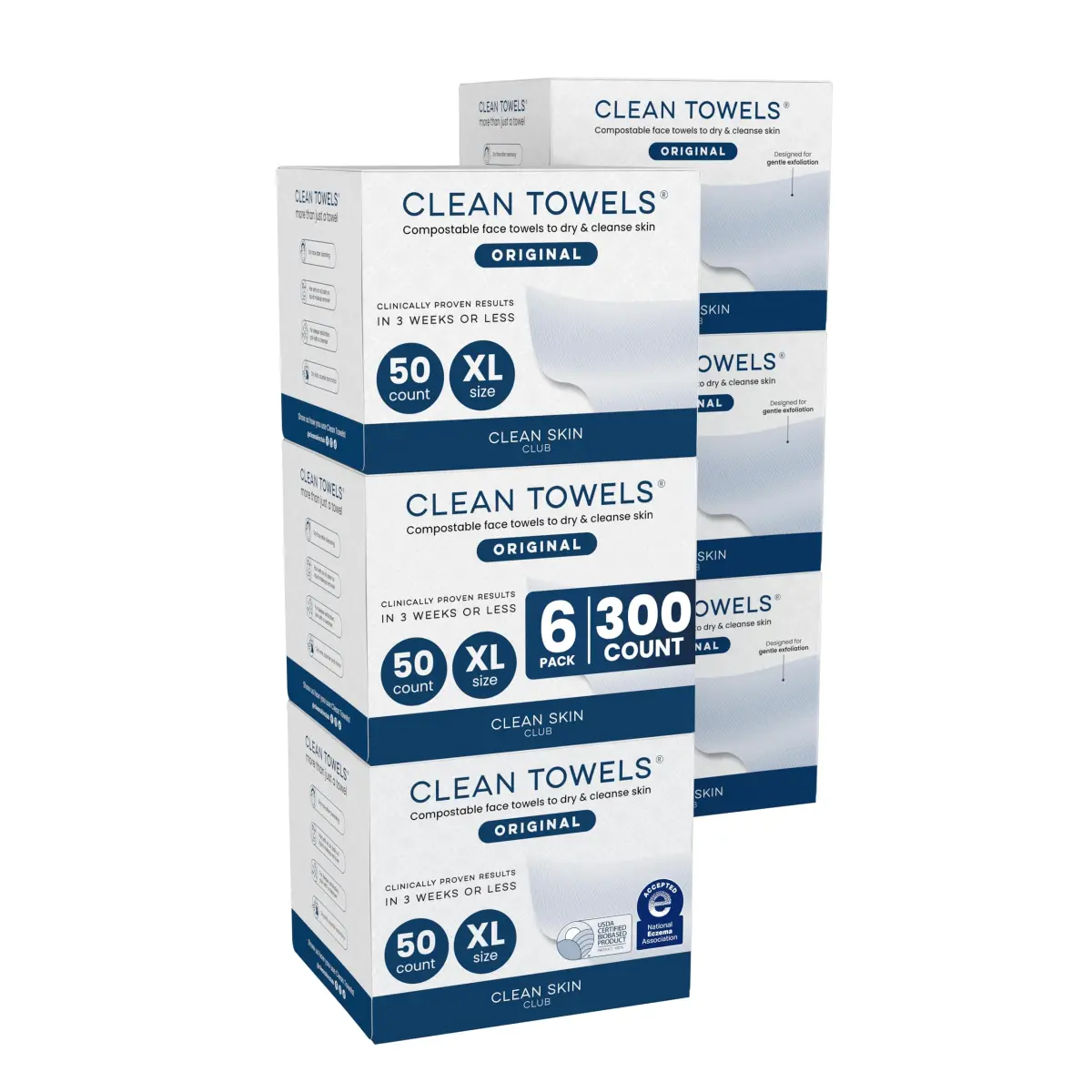 Clean Skin Club Clean Towels XL® Disposable Face Towels 300 Ct (6 Packs of 50 Ct) | USDA Biobased & Eczema Association Accepted - main product image