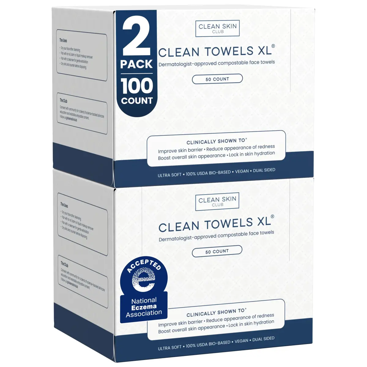 Clean Skin Club Clean Towels XL® 100 Count (Pack of 2) | USDA Biobased Disposable Face Towels - main product image