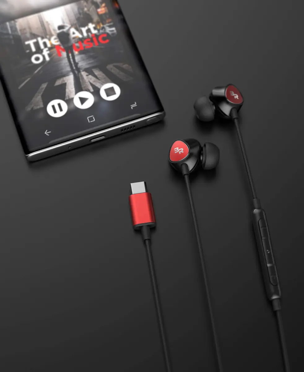 Bolle & Raven Thore USB Type C Earbuds | in Ear Wired Headphones with Microphone Remote | for S21 / S22 / S23 / S24 / S25 Ultra, Pixel 4/5 XL/6/6a/7/8 Pro, iPad Pro - Red - view 3