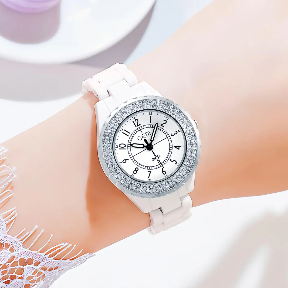 MASTOP Women's Quartz Watch 36mm White Ceramic Bracelet Water-Resistant - view 2