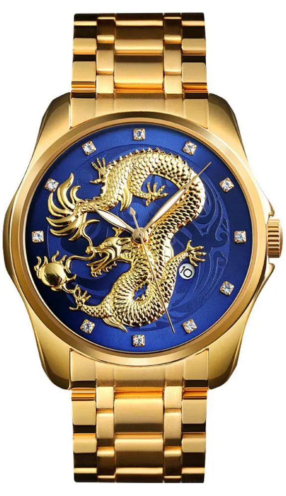 Gosasa Men Luxury Gold Chinese Dragon Carved Dial Diamond Quartz Watch Waterproof 46mm - main product image