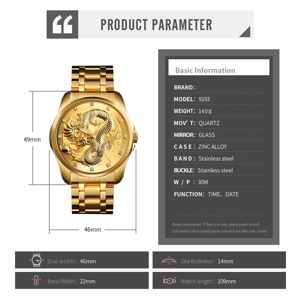 Gosasa Men Luxury Gold Chinese Dragon Carved Dial Diamond Quartz Watch Waterproof 46mm - view 5
