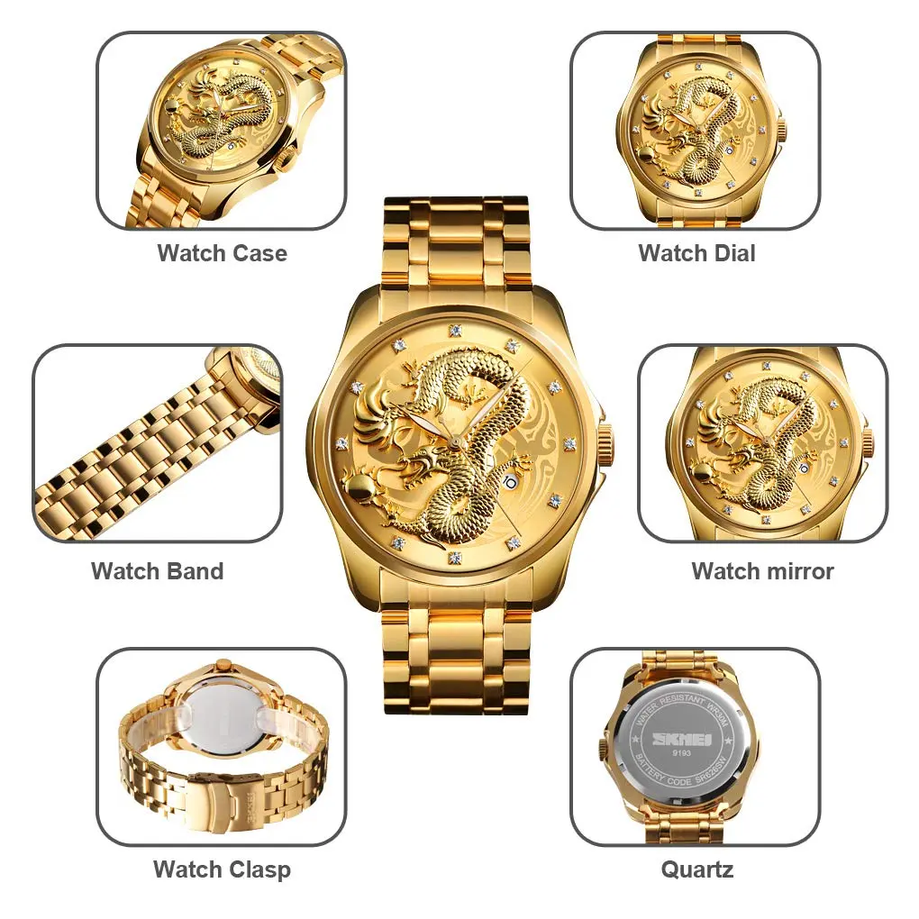Gosasa Men Luxury Gold Chinese Dragon Carved Dial Diamond Quartz Watch Waterproof 46mm - view 6