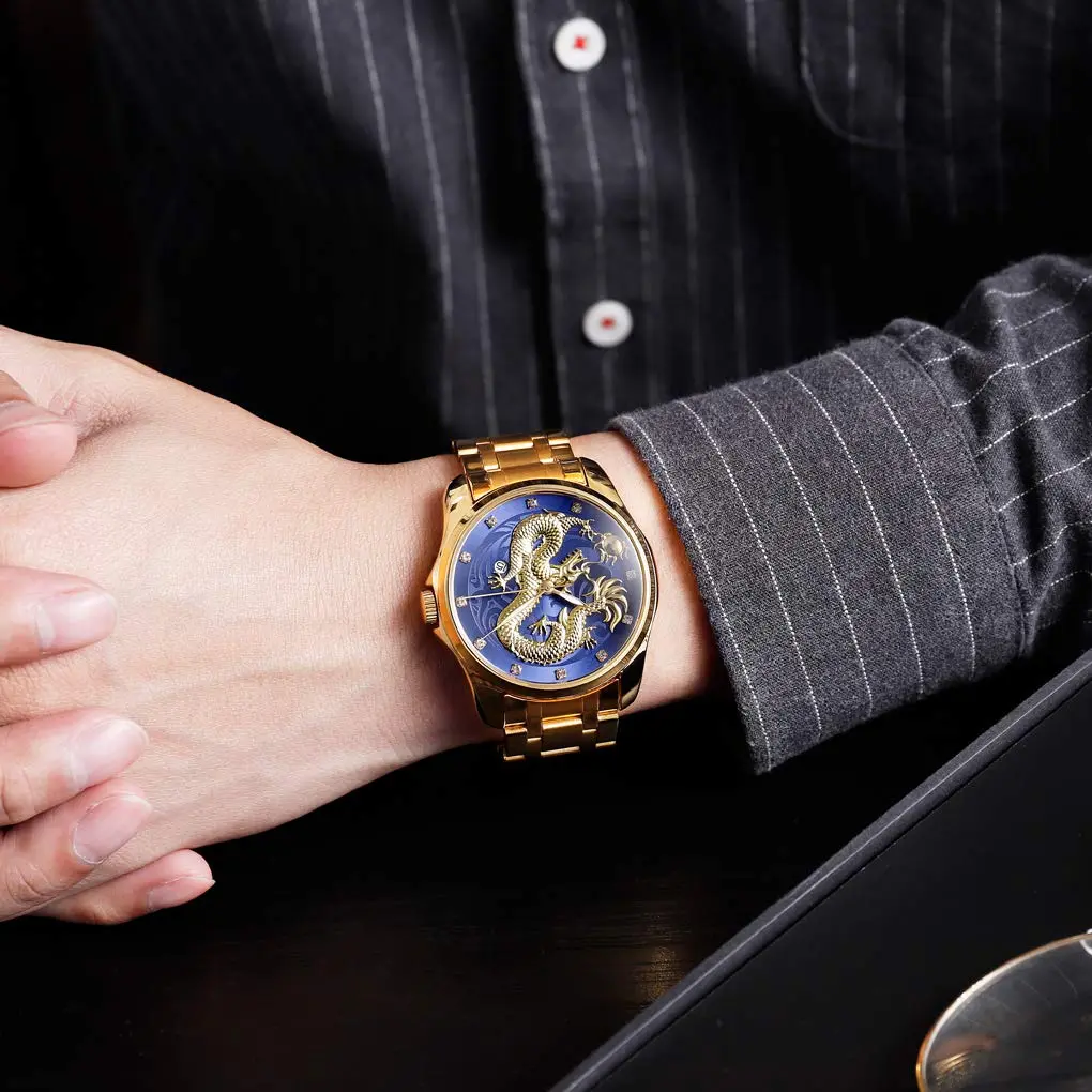 Gosasa Men Luxury Gold Chinese Dragon Carved Dial Diamond Quartz Watch Waterproof 46mm - view 2