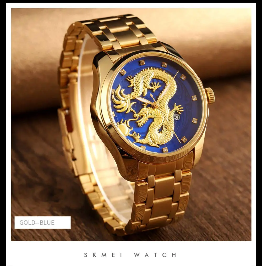 Gosasa Men Luxury Gold Chinese Dragon Carved Dial Diamond Quartz Watch Waterproof 46mm - view 3