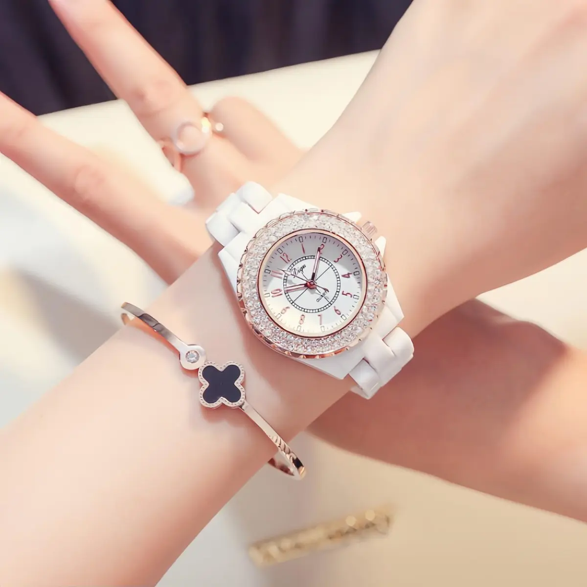 MASTOP Women's Quartz Watch | Swarovski Crystal, Waterproof Ceramic, Gold - view 2