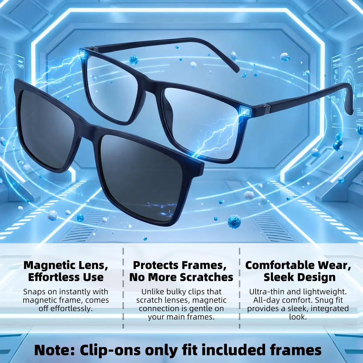 Bauhaus Magnetic Clip-On Sunglasses 5-in-1 Set | Polarized UV Retro Square Eyeglasses Fit Over - view 2