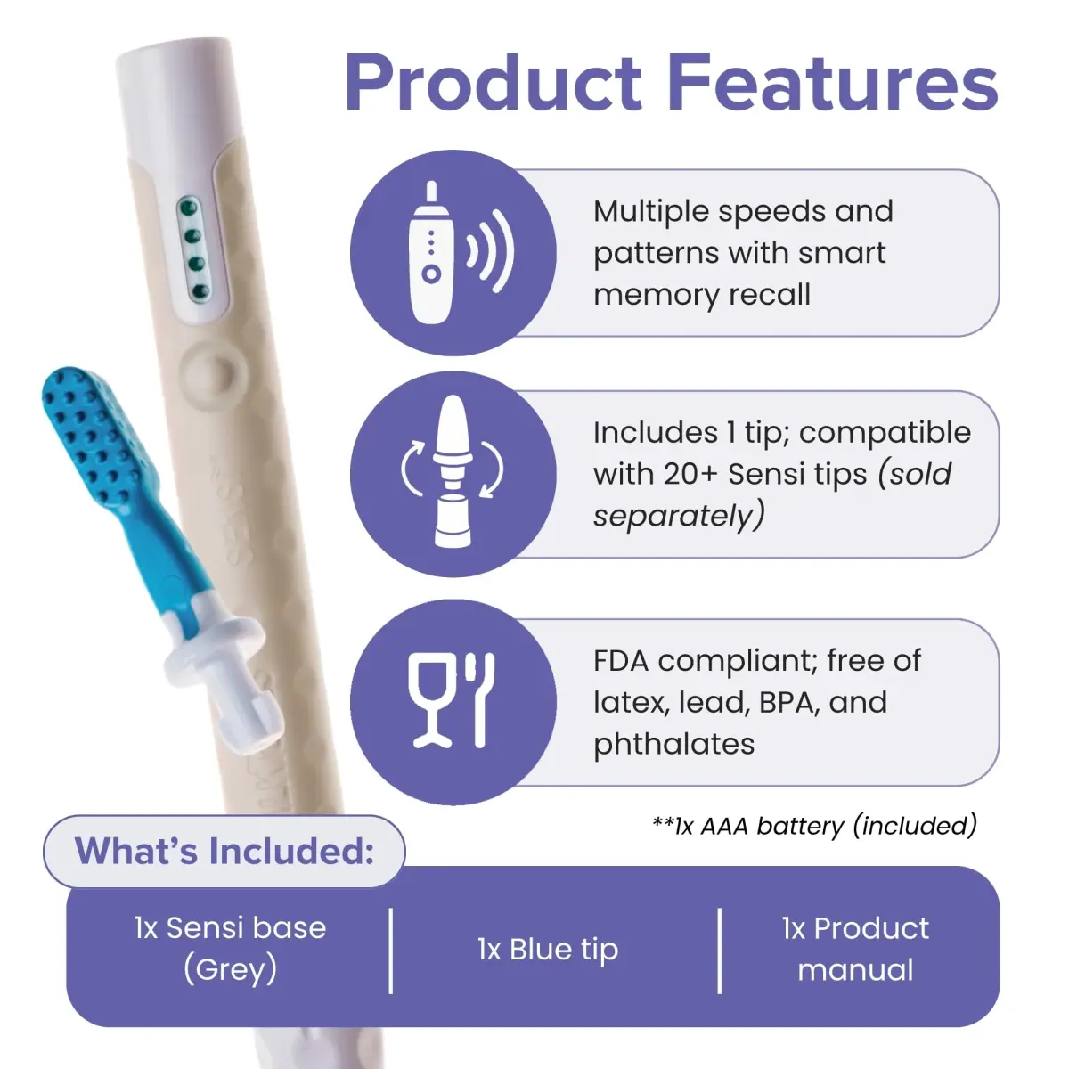 TalkTools Sensi Oral Motor Therapy Essential Vibration Tool with Textured Chewy Tip | Grey - view 3