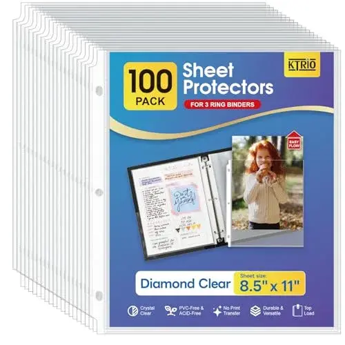 KTRIO Sheet Protectors 8.5 x 11 Inch, 100 Pack | Clear Polypropylene for 3-Ring Binders - main product image