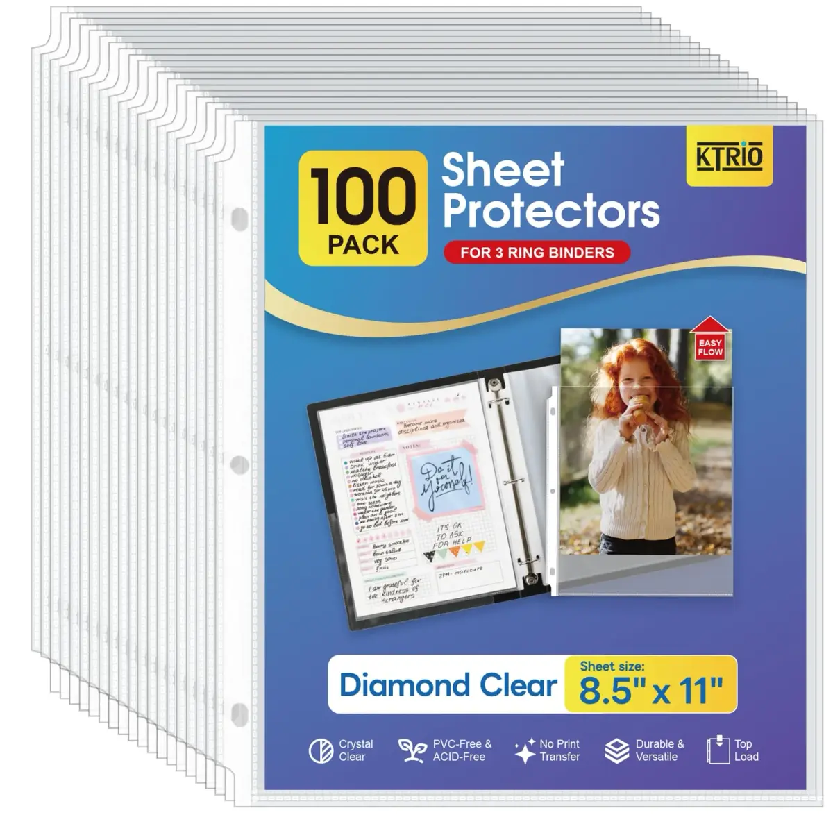 KTRIO Sheet Protectors 8.5 x 11 Inch, 100 Pack | Clear Polypropylene for 3-Ring Binders - main product image