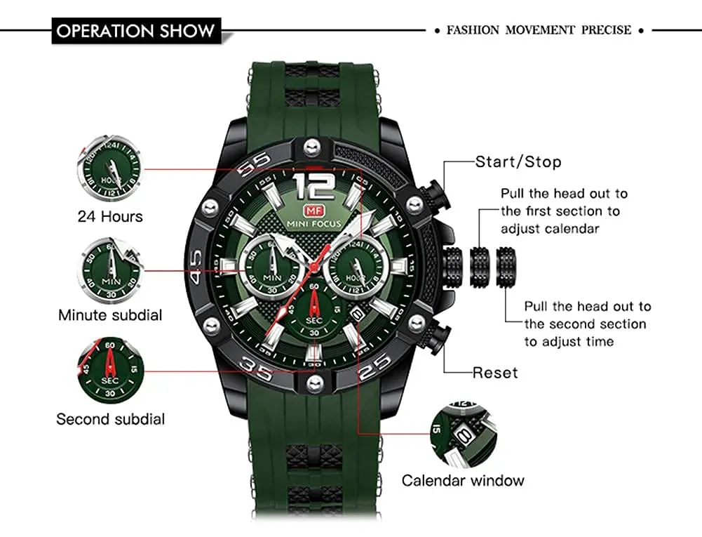 MF MINI FOCUS Men's Chronograph Watch with Red Silicone Strap | Japanese Quartz Movement - view 5