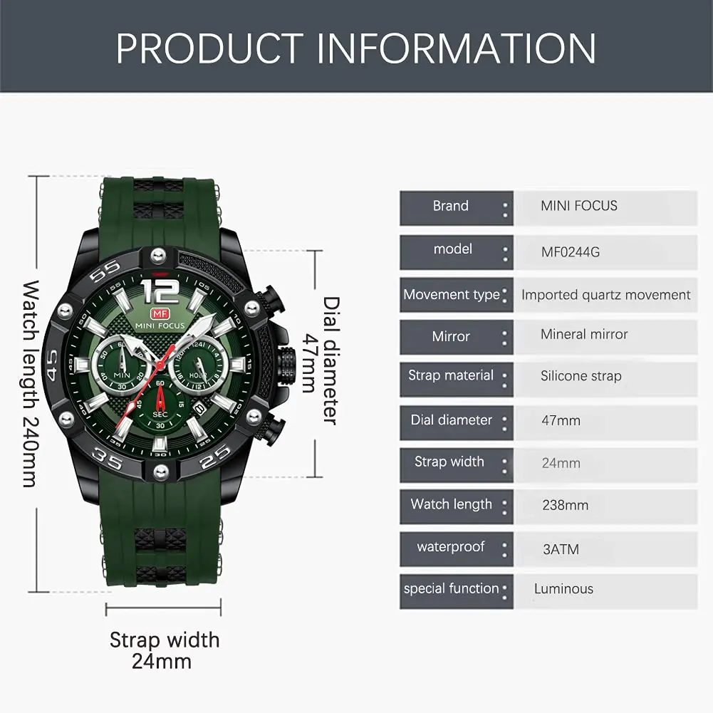 MF MINI FOCUS Men's Chronograph Watch with Red Silicone Strap | Japanese Quartz Movement - view 6