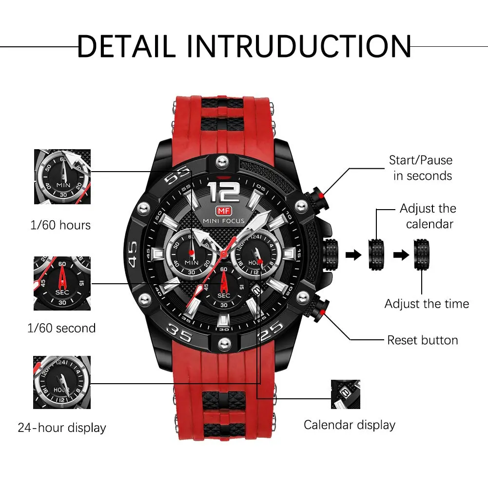 MF MINI FOCUS Men's Chronograph Watch Red Silicone Strap | Japanese Quartz Movement - view 5