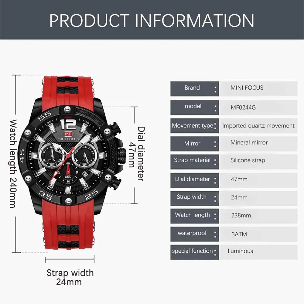 MF MINI FOCUS Men's Chronograph Watch Red Silicone Strap | Japanese Quartz Movement - view 6