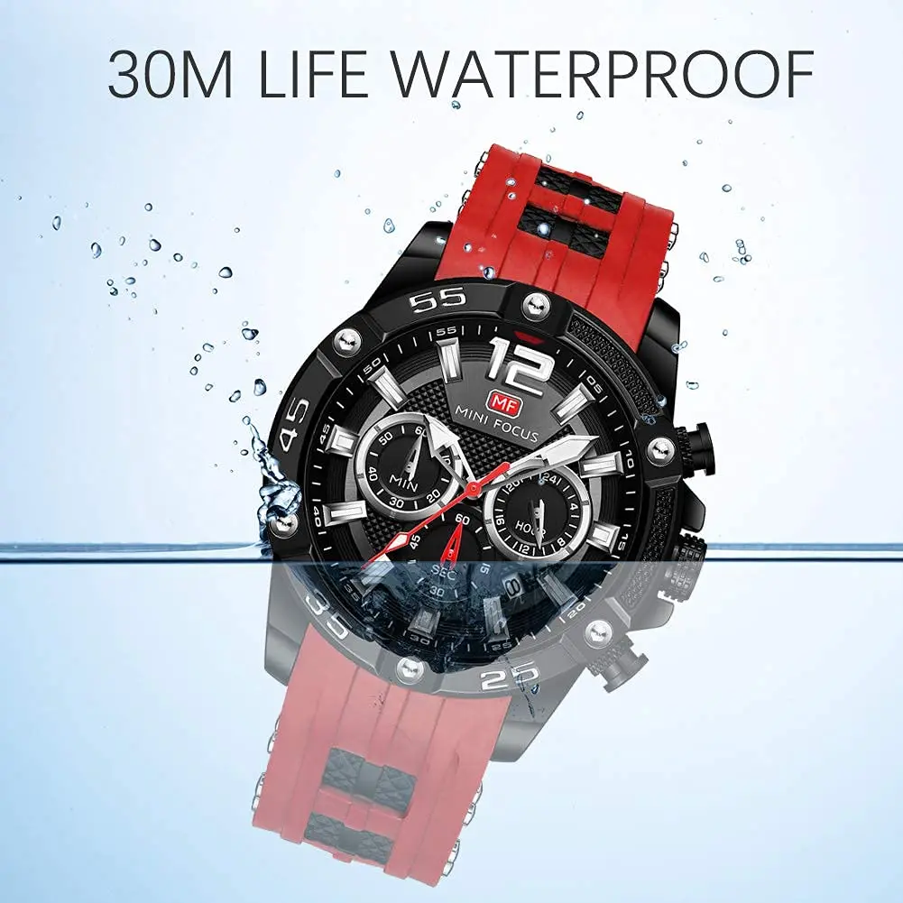 MF MINI FOCUS Men's Chronograph Watch Red Silicone Strap | Japanese Quartz Movement - view 7