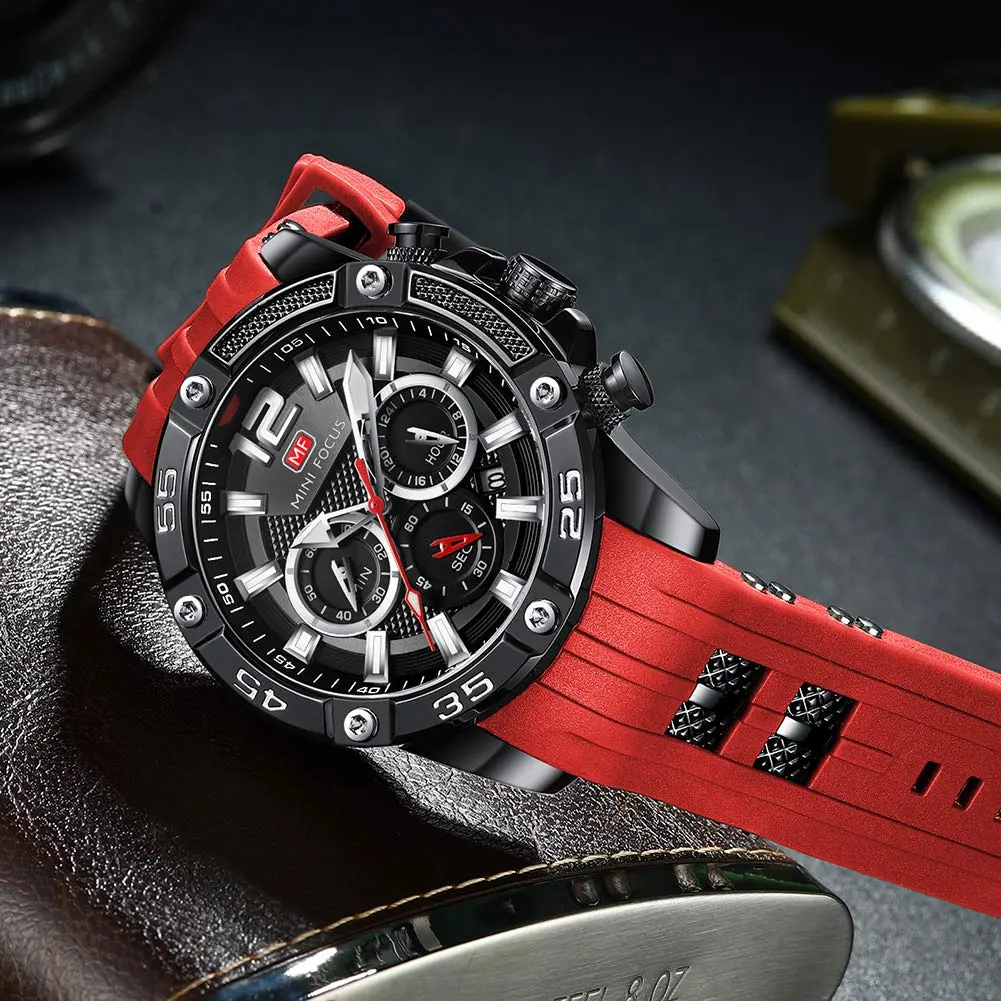 MF MINI FOCUS Men's Chronograph Watch Red Silicone Strap | Japanese Quartz Movement - view 2