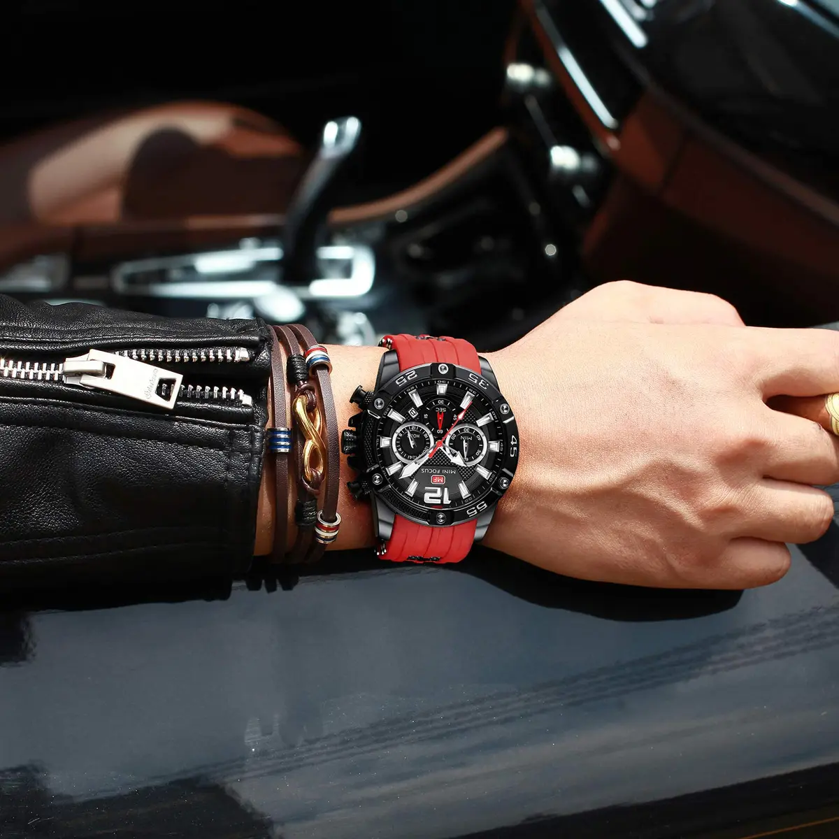 MF MINI FOCUS Men's Chronograph Watch Red Silicone Strap | Japanese Quartz Movement - view 3