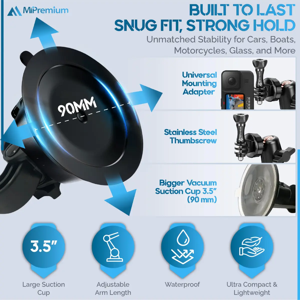 MiPremium Car Suction Cup Mount for GoPro Hero 13 12 11 10 9 8 7 6 5 4 3 | Strong hold, 360° rotation, waterproof - view 5
