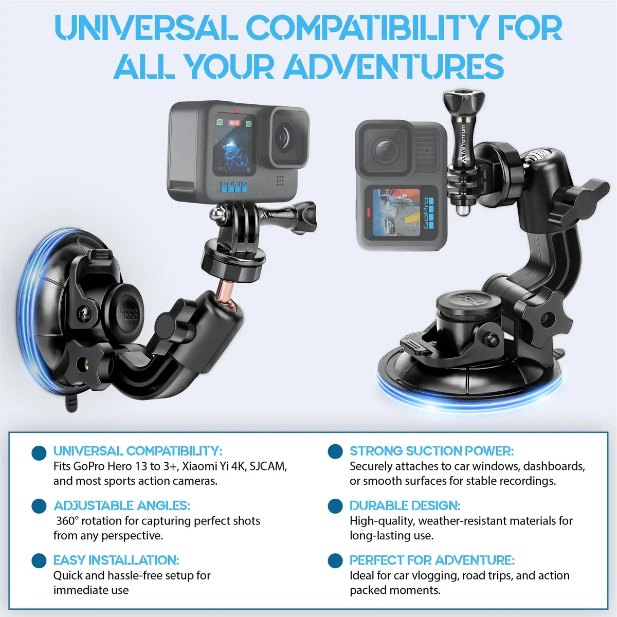 MiPremium Car Suction Cup Mount for GoPro Hero 13 12 11 10 9 8 7 6 5 4 3 | Strong hold, 360° rotation, waterproof - view 9