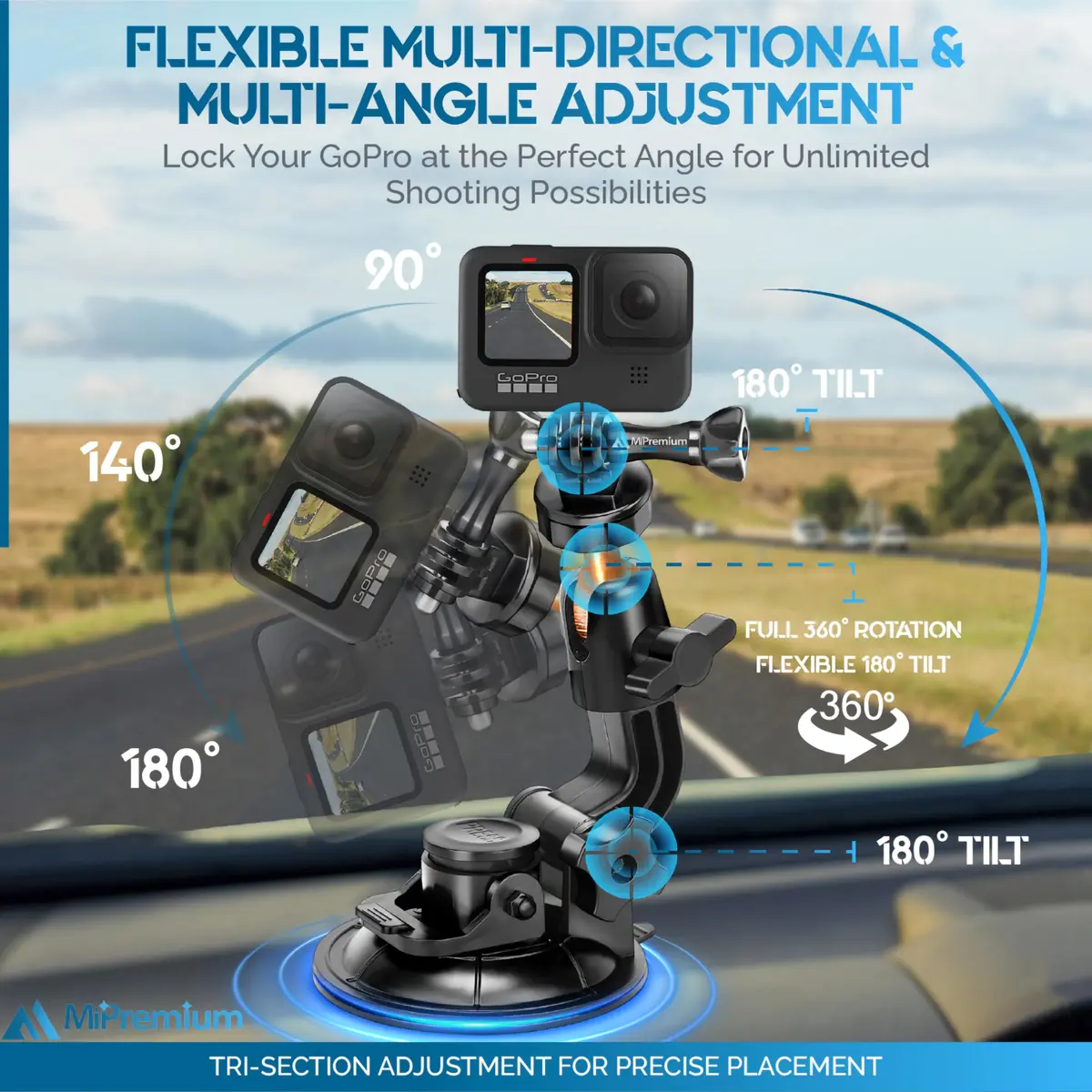 MiPremium Car Suction Cup Mount for GoPro Hero 13 12 11 10 9 8 7 6 5 4 3 | Strong hold, 360° rotation, waterproof - view 4