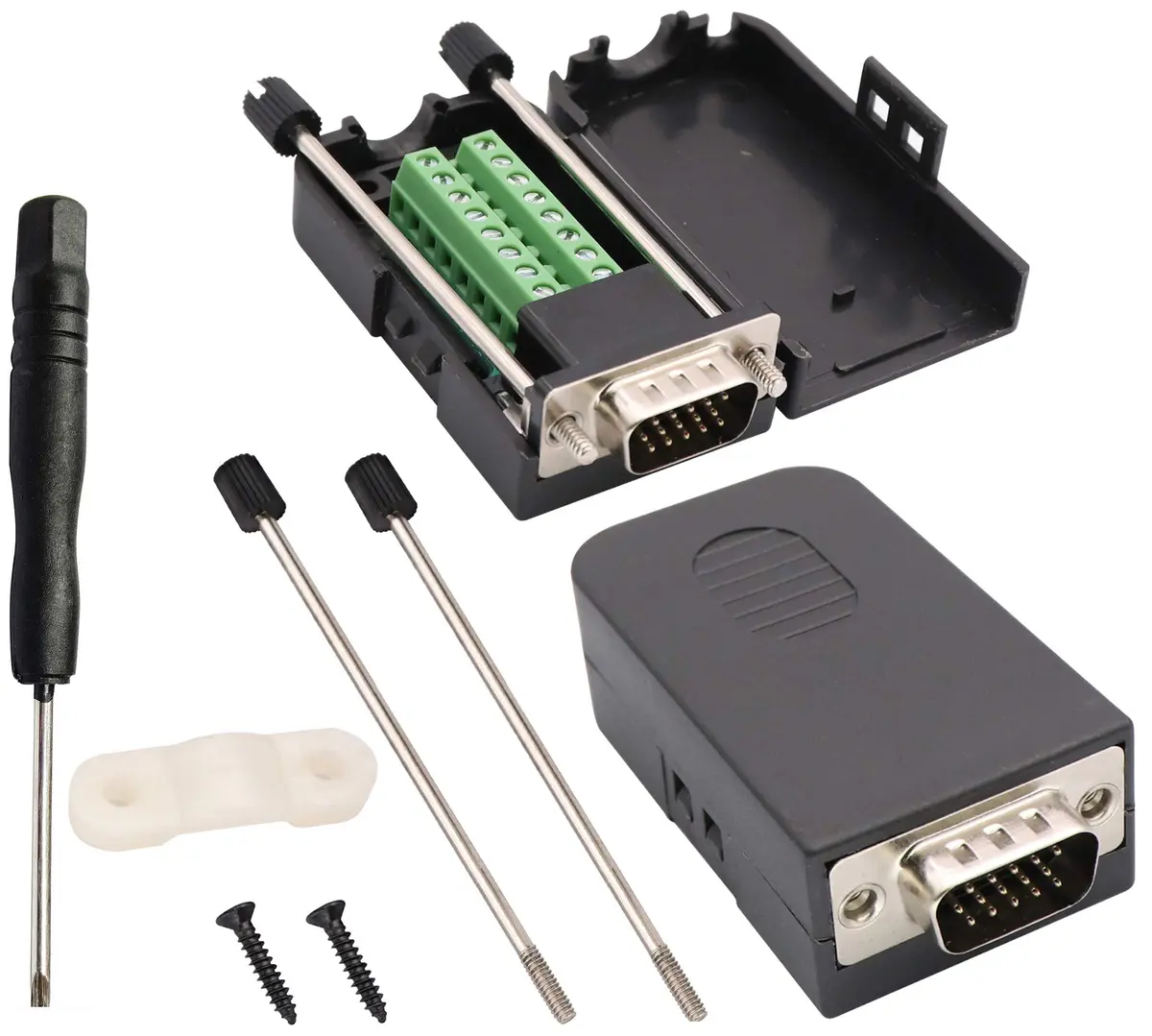 AAOTOKK VGA Screw Terminal Block Adapter DB15 Male to 16-Pin Female Connector with Case (2-Pack, Black) | Connects VGA to Screw Terminals - main product image