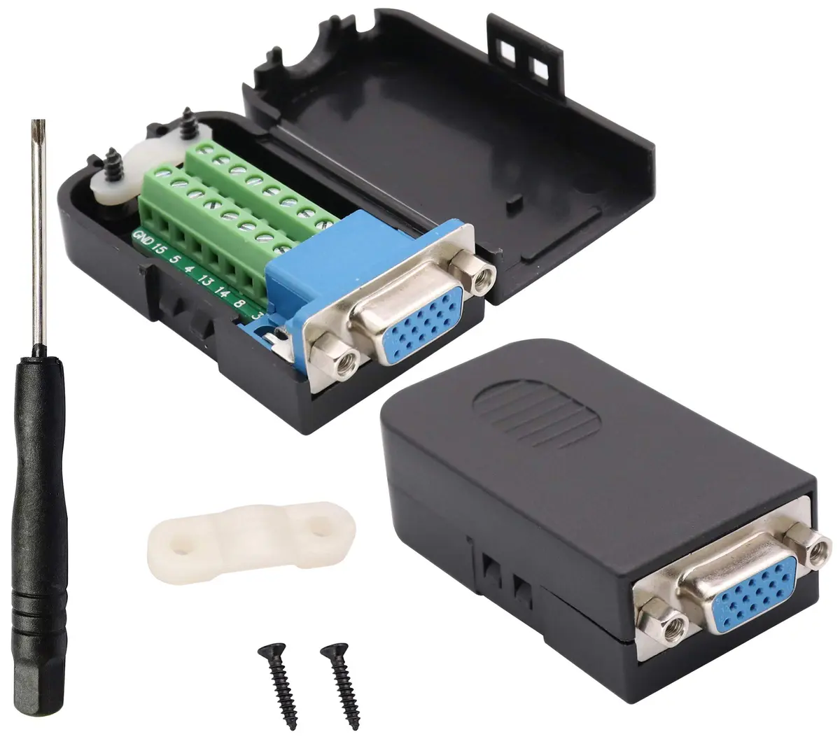 AAOTOKK VGA Screw Terminal Block Adapter Female to Female 15+1 Pin 2-Pack | Connects VGA Devices to Screw Terminals - main product image