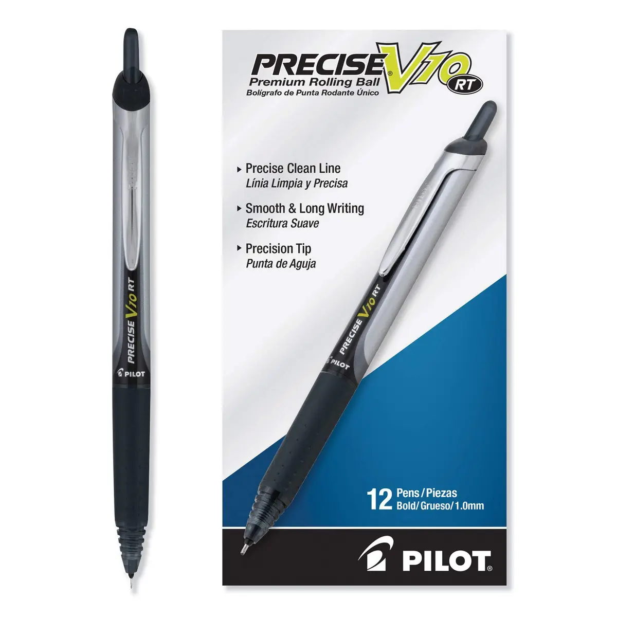PILOT Precise V10 RT Retractable Ball Pens 1.0mm Black | Smooth Liquid Ink, Bold Point, Refillable, 12-Pack - main product image