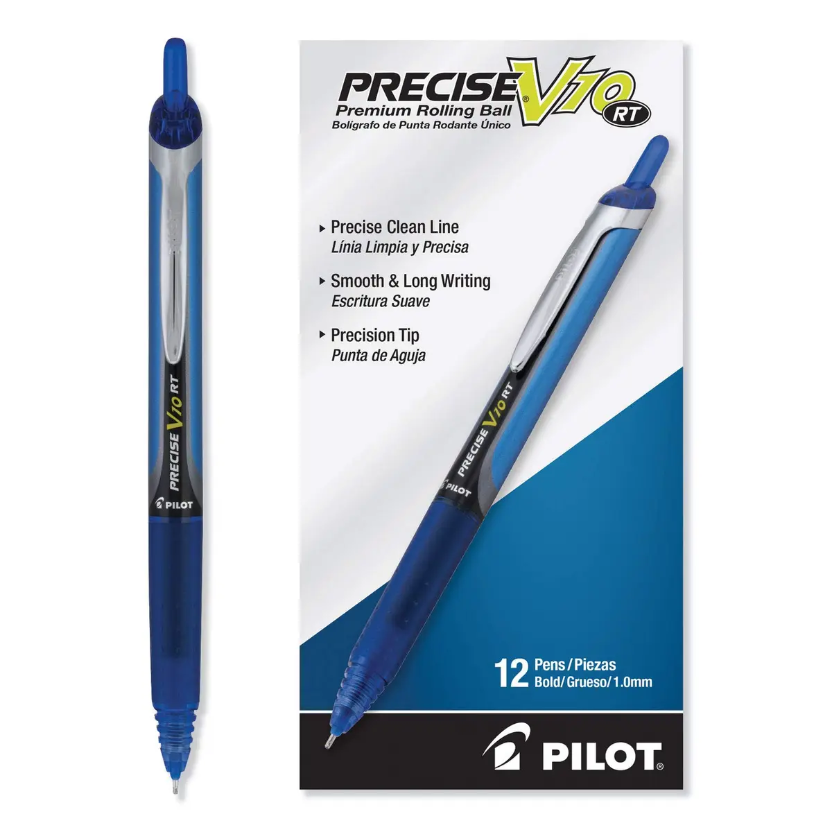 PILOT Precise V10 RT Retractable Ball Pens, 1.0mm Bold Point Blue, 12-Pack | Smooth Writing Liquid Ink - main product image