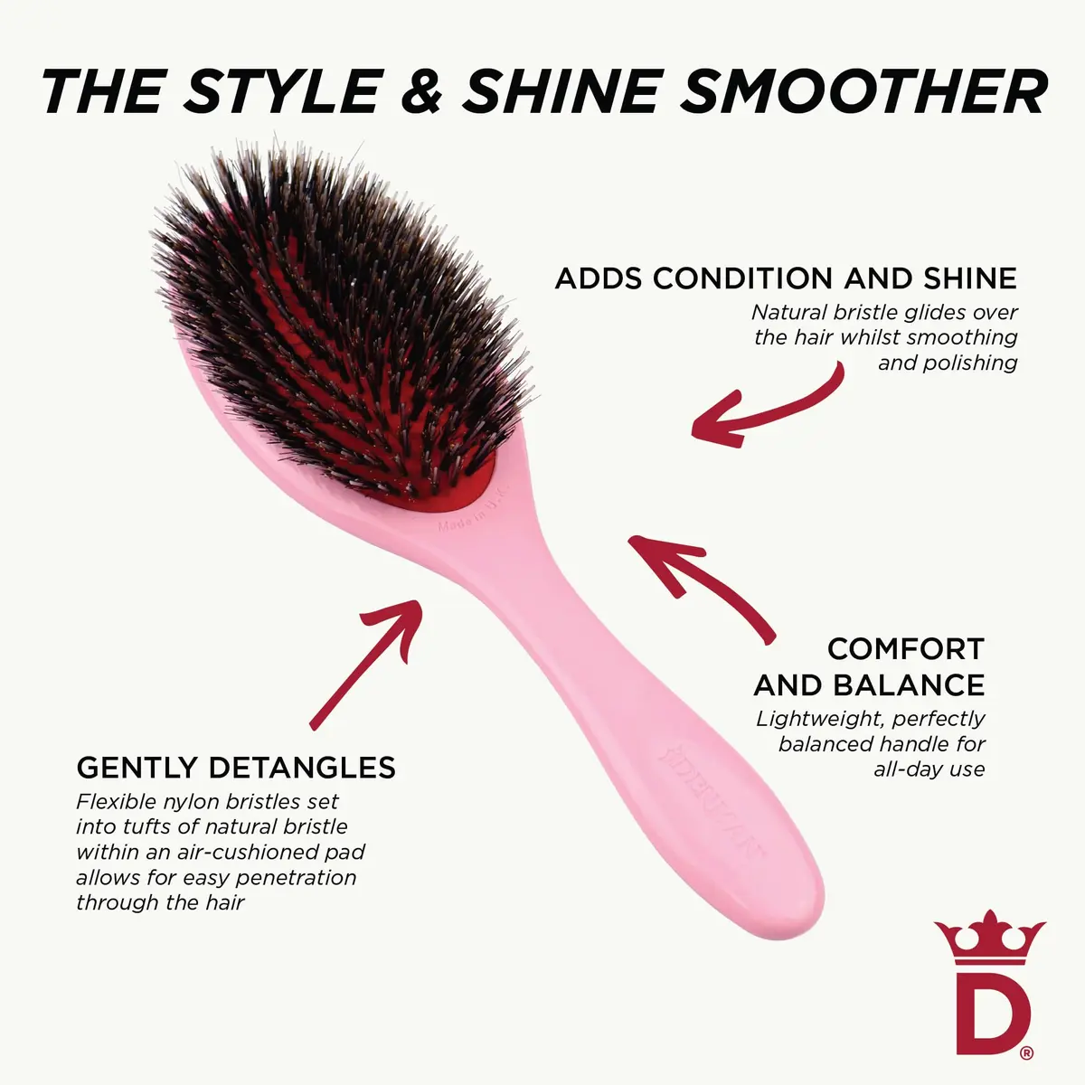 Denman Boar Bristle Hair Brush Pink Crush D81M | Smoothing, Shine, Detangling for All Hair Types - view 7