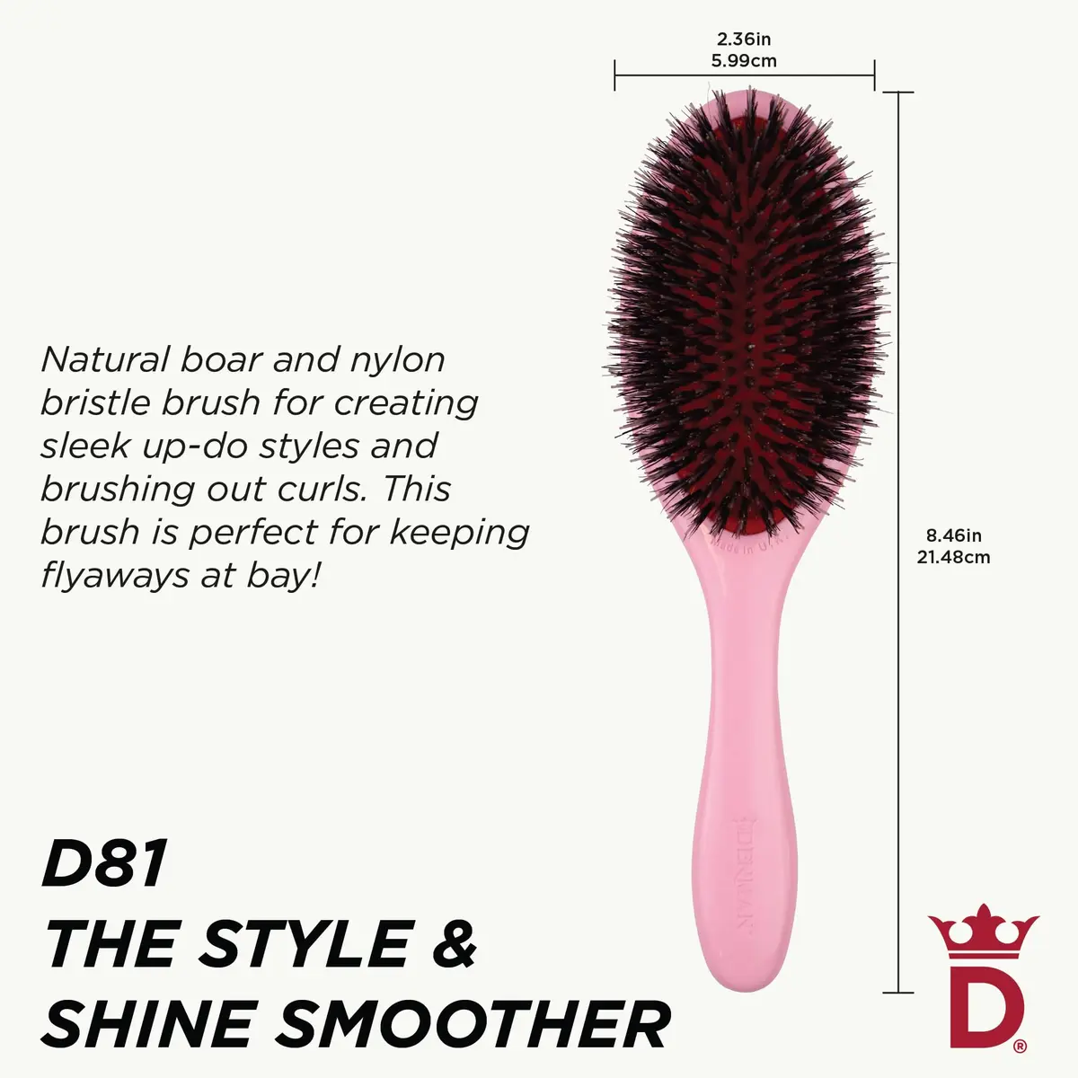 Denman Boar Bristle Hair Brush Pink Crush D81M | Smoothing, Shine, Detangling for All Hair Types - view 2