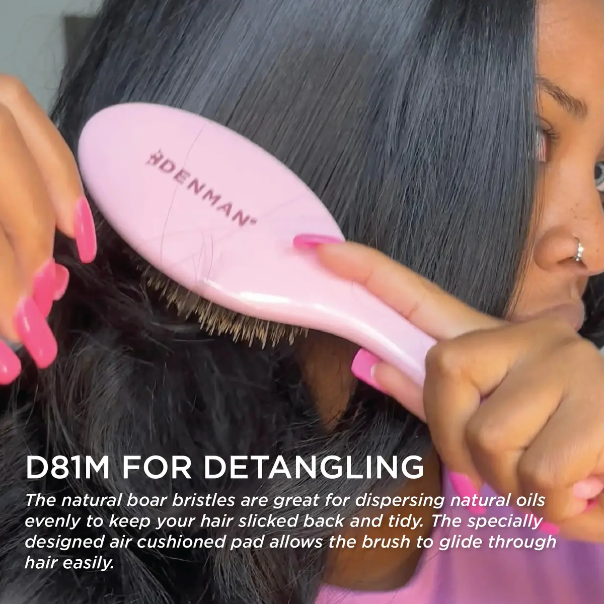 Denman Boar Bristle Hair Brush Pink Crush D81M | Smoothing, Shine, Detangling for All Hair Types - view 3