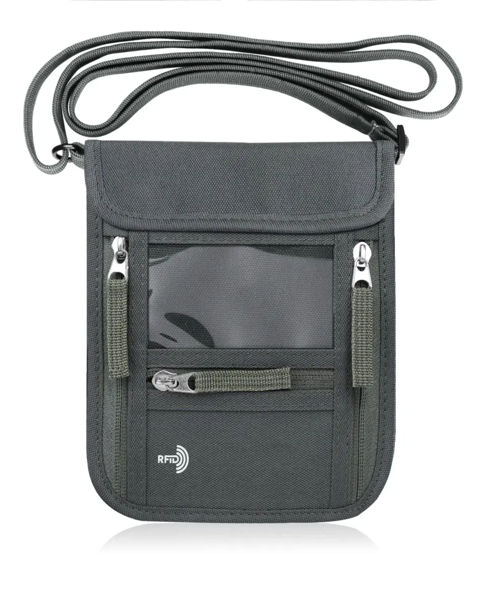 WALNEW RFID Blocking Passport Holder Neck Pouch | Slim Travel Wallet with Lanyard Strap, Gray (18.8cm x 15cm x 2.4cm) - main product image