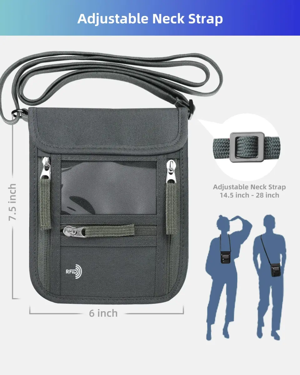WALNEW RFID Blocking Passport Holder Neck Pouch | Slim Travel Wallet with Lanyard Strap, Gray (18.8cm x 15cm x 2.4cm) - view 2