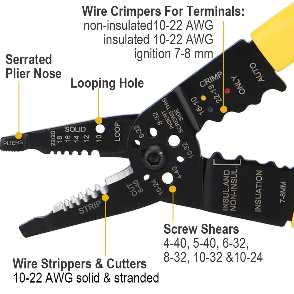 DOWELL 8-Inch Wire Stripper Cutter Crimper 10-22 AWG | Multifunction Tool for Electrical Wiring - view 2