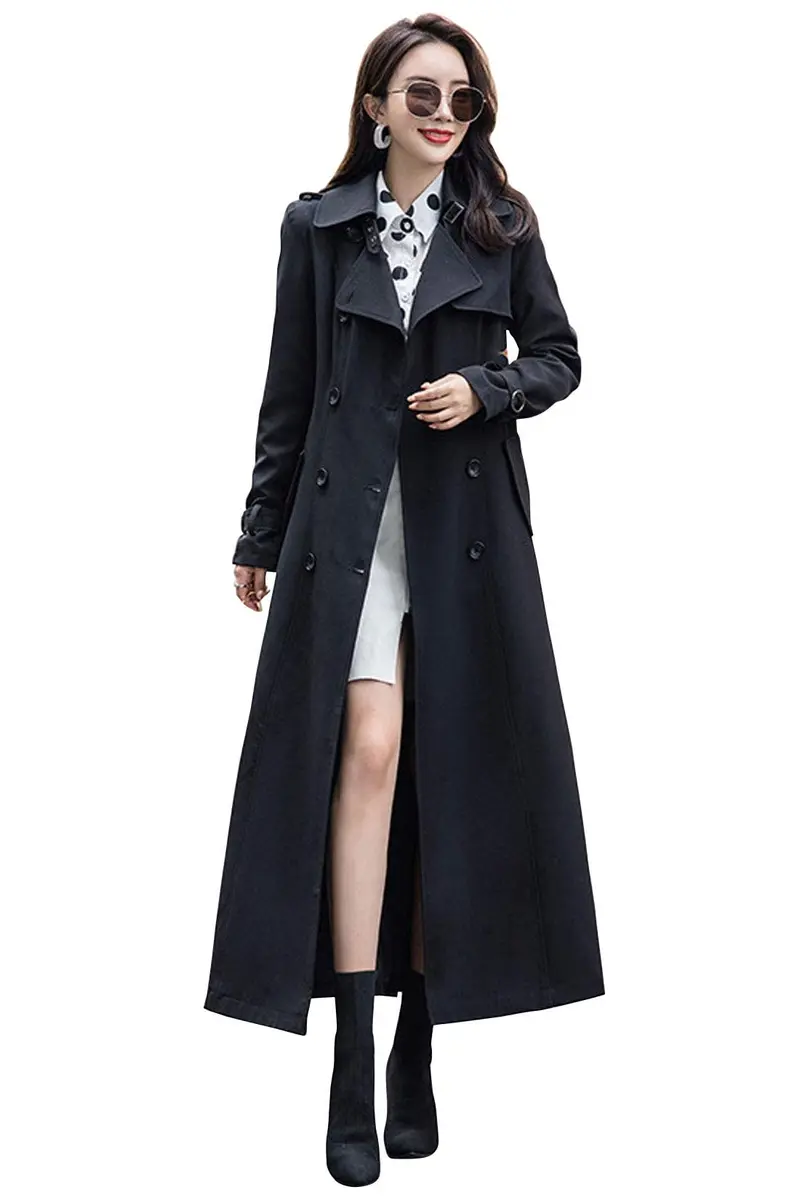 ebossy Women's Double Breasted Duster Trench Coat Slim Long Sleeve Overcoat (M, Black) | Classic Windproof Long Coat for Women - main product image