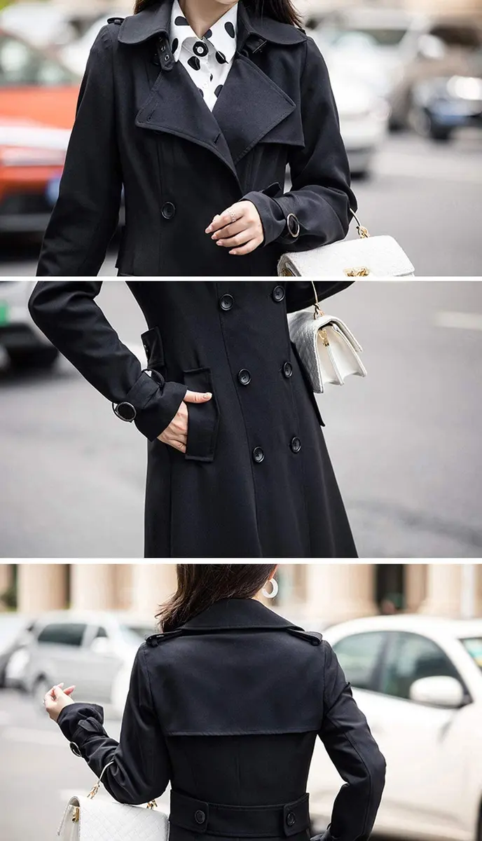ebossy Women's Double Breasted Duster Trench Coat Slim Long Sleeve Overcoat (M, Black) | Classic Windproof Long Coat for Women - view 5