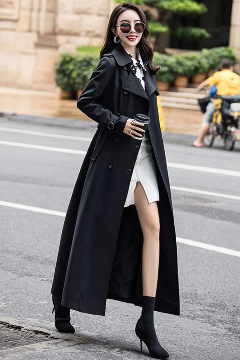 ebossy Women's Double Breasted Duster Trench Coat Slim Long Sleeve Overcoat (M, Black) | Classic Windproof Long Coat for Women - view 2