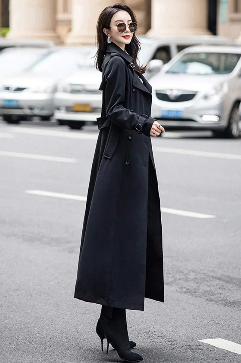 ebossy Women's Double Breasted Duster Trench Coat Slim Long Sleeve Overcoat (M, Black) | Classic Windproof Long Coat for Women - view 3