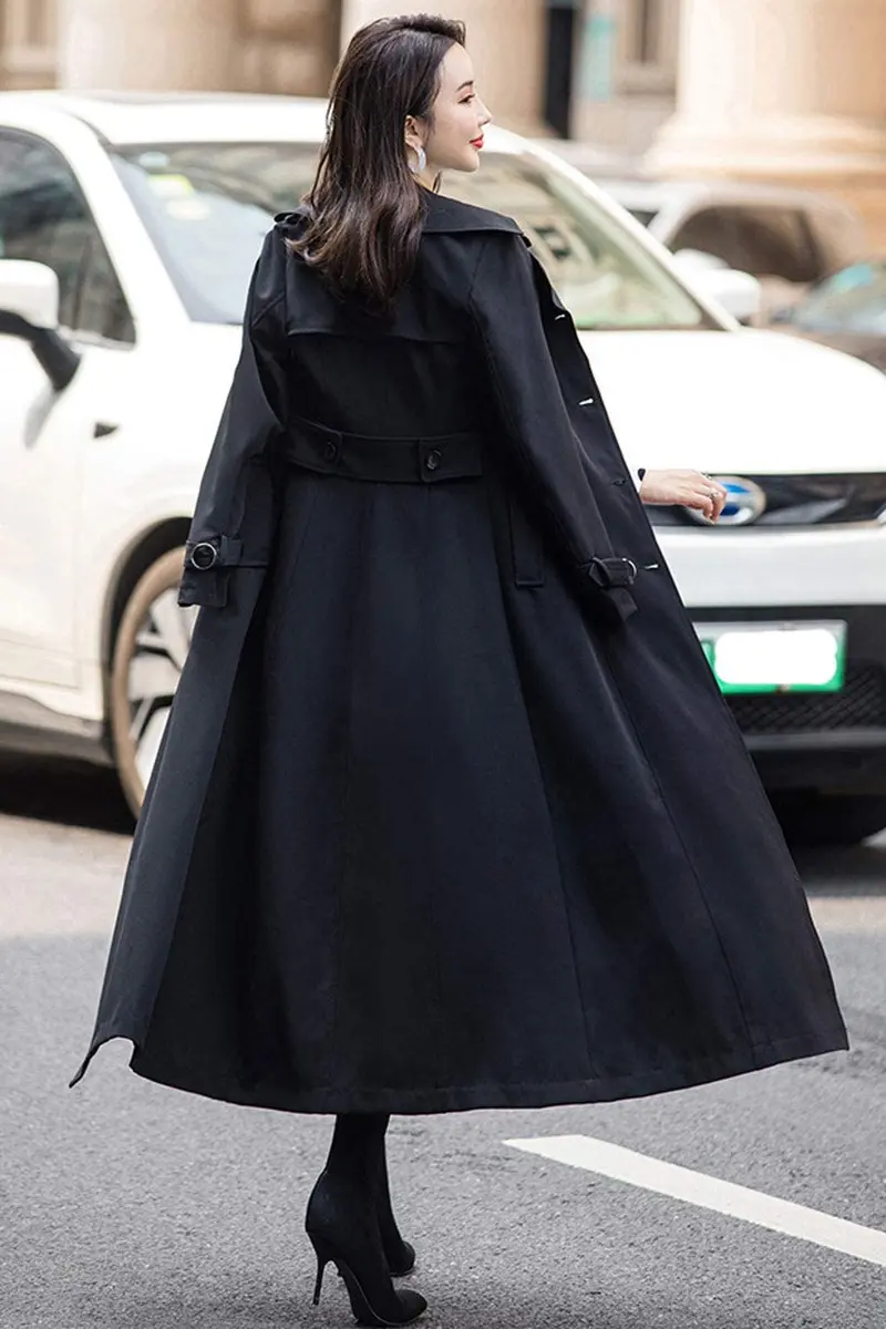 ebossy Women's Double Breasted Duster Trench Coat Slim Long Sleeve Overcoat (M, Black) | Classic Windproof Long Coat for Women - view 4