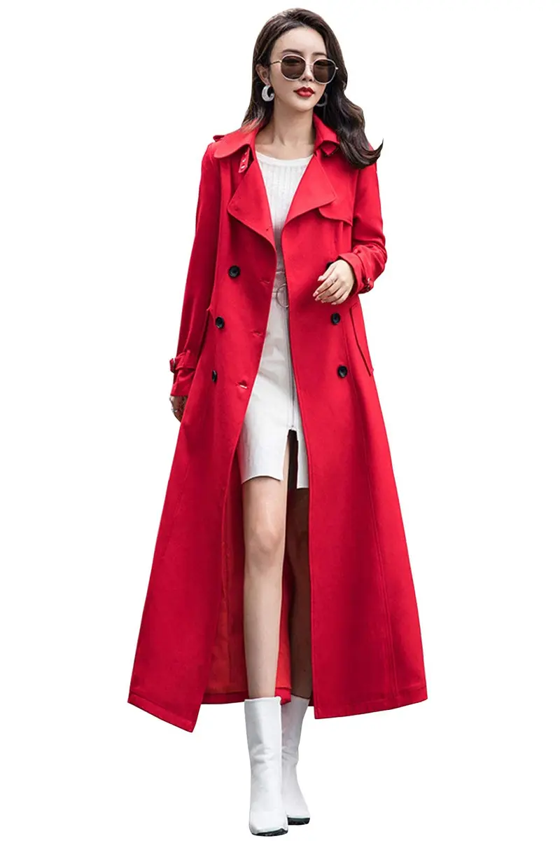 ebossy Women's Double Breasted Duster Trench Coat Slim Long Sleeve Overcoat (L, Red) | Classic Windproof Layer for Fall & Winter - main product image