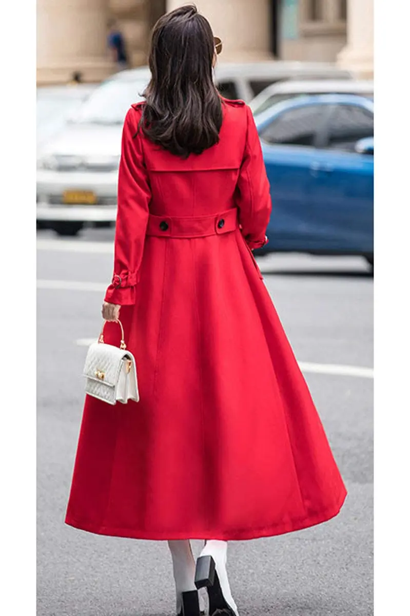 ebossy Women's Double Breasted Duster Trench Coat Slim Long Sleeve Overcoat (L, Red) | Classic Windproof Layer for Fall & Winter - view 5