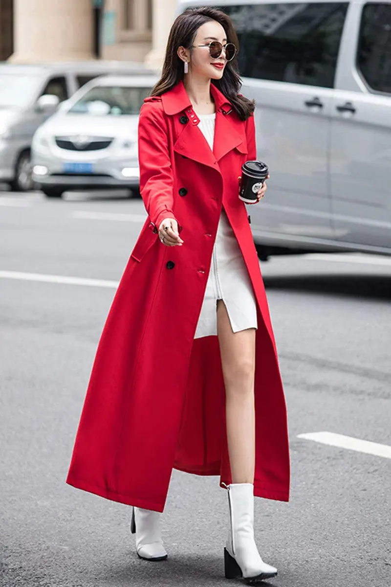 ebossy Women's Double Breasted Duster Trench Coat Slim Long Sleeve Overcoat (L, Red) | Classic Windproof Layer for Fall & Winter - view 2