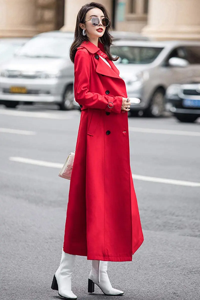 ebossy Women's Double Breasted Duster Trench Coat Slim Long Sleeve Overcoat (L, Red) | Classic Windproof Layer for Fall & Winter - view 3