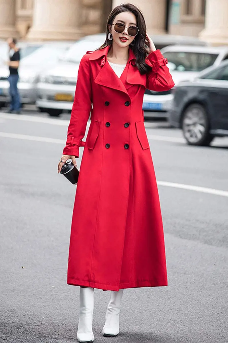 ebossy Women's Double Breasted Duster Trench Coat Slim Long Sleeve Overcoat (L, Red) | Classic Windproof Layer for Fall & Winter - view 4