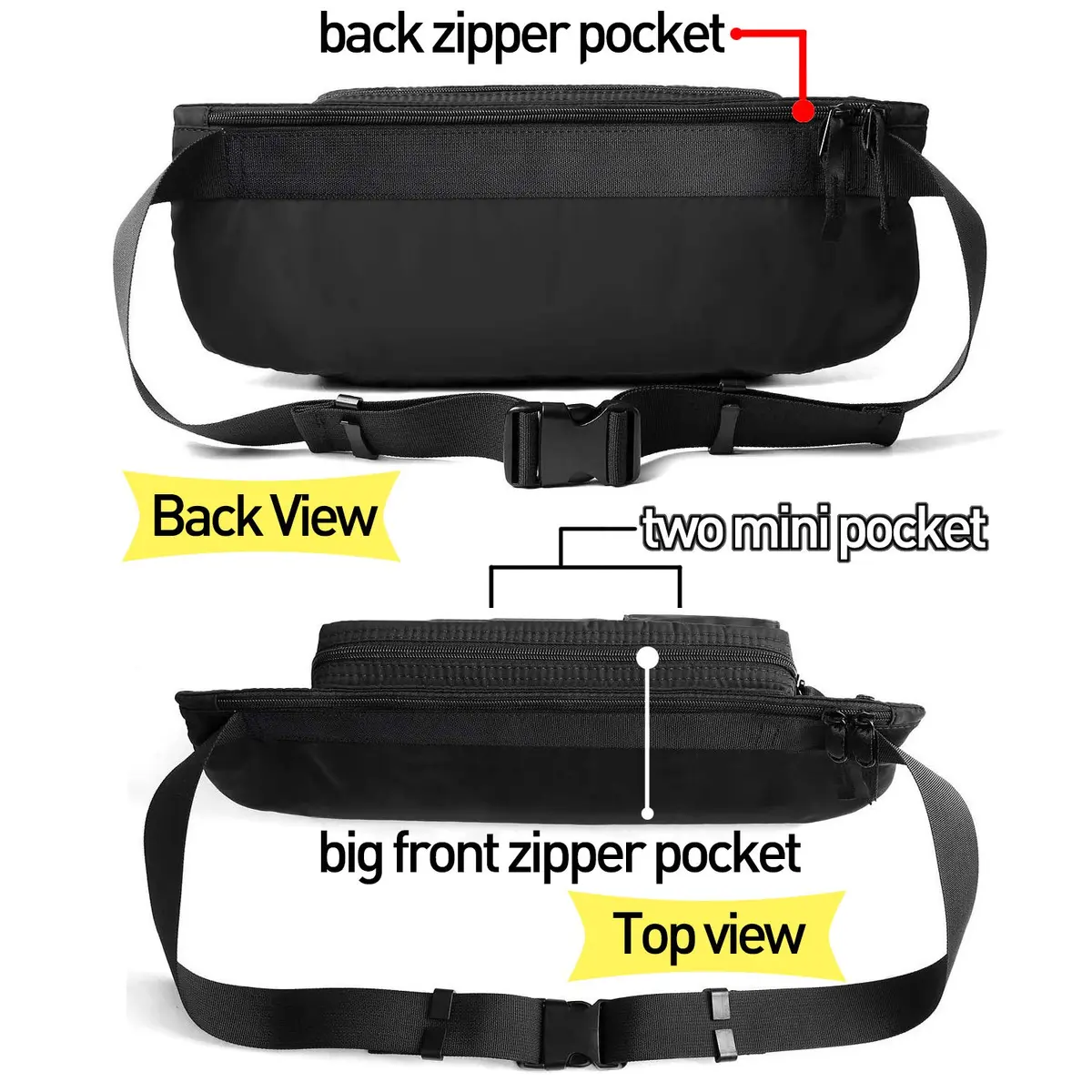 SEAFEW Waterproof Black Waist Bag Fanny Pack 35.6cm x 14cm x 4.5cm | Adjustable Waist Belt for Men & Women - view 5