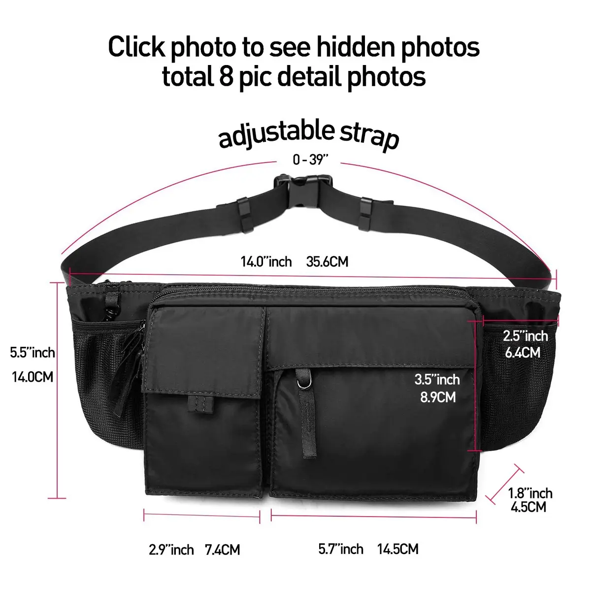 SEAFEW Waterproof Black Waist Bag Fanny Pack 35.6cm x 14cm x 4.5cm | Adjustable Waist Belt for Men & Women - view 6