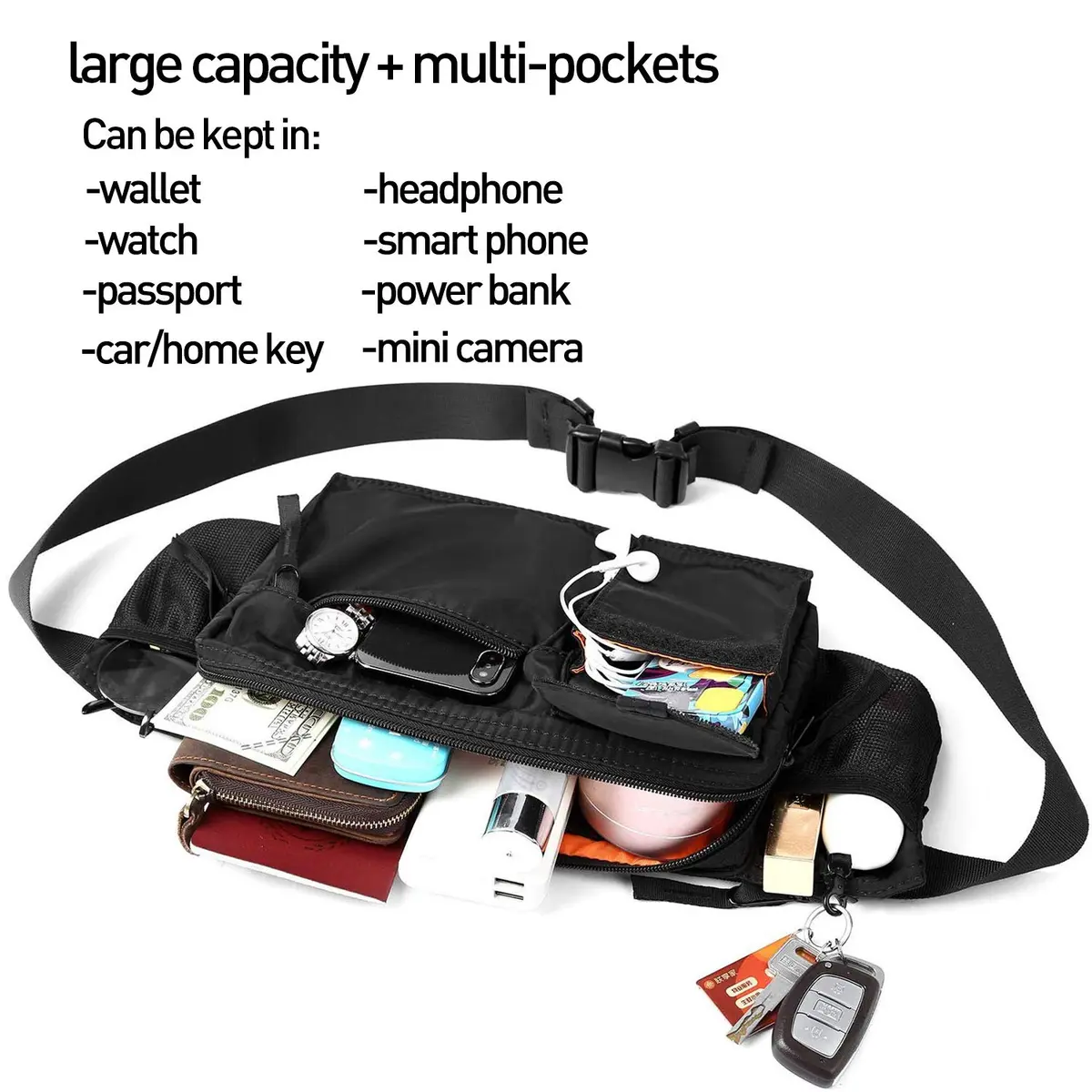 SEAFEW Waterproof Black Waist Bag Fanny Pack 35.6cm x 14cm x 4.5cm | Adjustable Waist Belt for Men & Women - view 3