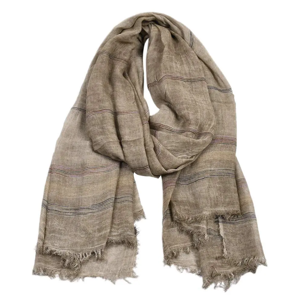 Kangqifen Unisex Striped Cotton Linen Scarf 75 x 35 inches Khaki | Lightweight & Soft - main product image