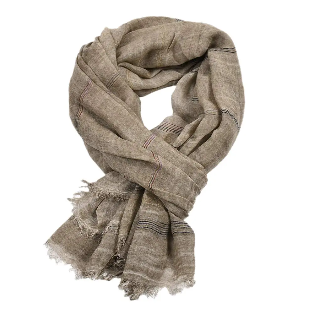 Kangqifen Unisex Striped Cotton Linen Scarf 75 x 35 inches Khaki | Lightweight & Soft - view 2